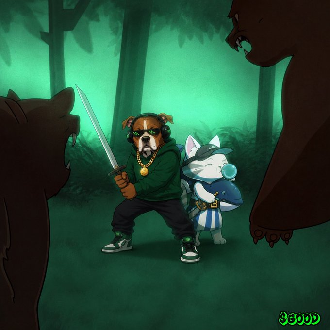 An illustration shows a dog wearing sunglasses, headphones, and a gold chain holding a sword, standing back-to-back with a smoking fox character, flanked by two bears in a green forest.