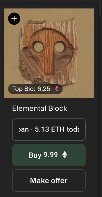 A NFT listing on Gondi shows an "Elemental Block" with a top bid of 6.25 ETH and a buy-now price of 9.99 ETH, displaying a carved wooden mask artwork. The listing represents a rare incomplete "Mask of Luci" by Sam Spratt, with the post highlighting an undervalued acquisition opportunity at 7.01 WETH.