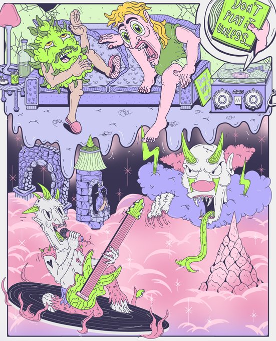 A colorful psychedelic illustration featuring a green-haired woman and a blonde woman on a couch, with horned skull creatures playing a green electric guitar in a pink cloudy landscape, accompanied by a speech bubble reading 'DON'T PLAY IT UNLESS...'