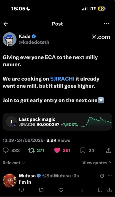 A screenshot of an X (Twitter) post by user Kade (@kadotetth) announcing '$JIRACHI' as a meme coin, with visible text 'Giving everyone ECA to the next milly runner. We are cooking on $JIRACHI it already went one mill, but it still goes higher.'