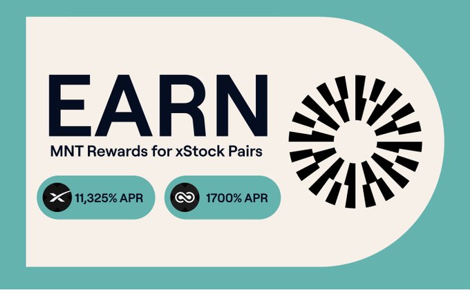 A promotional banner reading 'EARN MNT Rewards for xStock Pairs' displaying APR rates of 11,325% APR and 1,700% APR next to a circular sunburst logo.