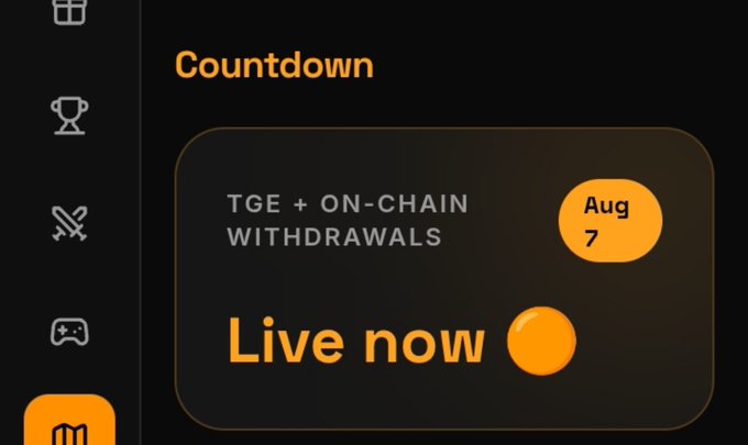 The image shows a countdown notification from a cryptocurrency platform indicating that "TGE + ON-CHAIN WITHDRAWALS" went live on August 7, with a status reading "Live now." This visual confirms the post's claim that $ORVX token generation event and on-chain withdrawals have launched today, supporting the author's advice to wait for further CEX listing announcements before investing.