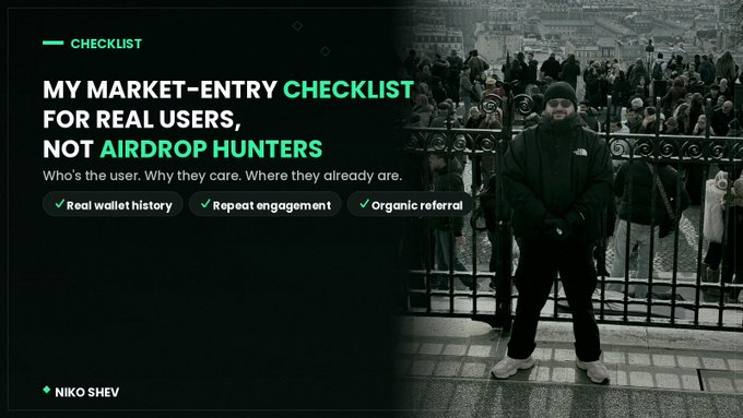 A presentation slide titled 'MY MARKET-ENTRY CHECKLIST FOR REAL USERS, NOT AIRDROP HUNTERS' by Niko Shev, featuring a black and white photo of a man in a puffy jacket standing by a fence in front of a crowd.