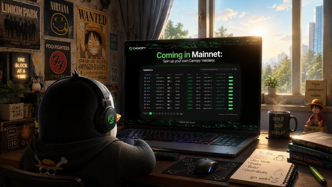 A penguin-wearing gamer sits at a desk using a laptop displaying a Canopy 'Coming in Mainnet' validator signup page, surrounded by rock band posters and a 'BUILD SHIP REPEAT' mug.
