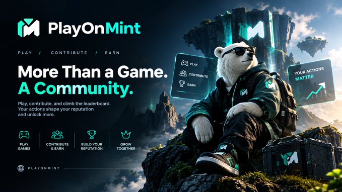 A promotional banner for 'PlayOnMint' reads 'More Than a Game. A Community.' featuring a polar bear wearing sunglasses and streetwear against a fantasy landscape backdrop, listing 'PLAY / CONTRIBUTE / EARN' options.