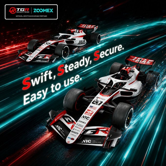 Two dynamic Haas F1 race cars speed through streaking blue and red light trails beneath the text "Swift, Steady, Secure. Easy to use," promoting Zoomex's partnership with Haas F1 Team as the Official Crypto Exchange Partner shown in the top-left logo. The image's high-speed racing aesthetic reinforces the post's tagline of speed, reliability, and ease of use for the global crypto derivatives platform.