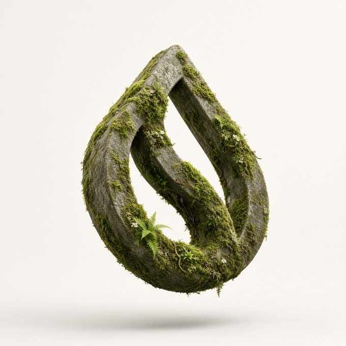 A teardrop-shaped stone sculpture covered in lush green moss and small white flowers floats against a white background, evoking themes of natural growth and renewal. The organic, thriving form serves as a fitting visual metaphor for potential growth, aligning with the optimistic sentiment of the post asking for price predictions on $SUI a year from now.
