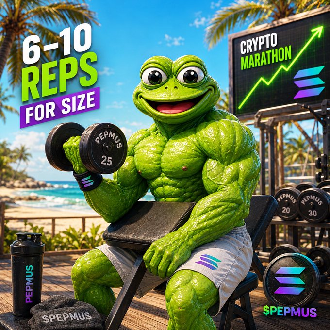 A muscular Pepe the Frog mascot lifting weights at a beach gym with '6-10 REPS FOR SIZE' and '$PEPMUS' branding, alongside a 'CRYPTO MARATHON' sign.