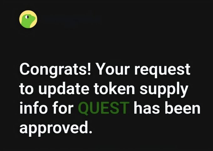 A CoinGecko notification confirming the approval of an updated token supply for "QUEST," supporting the poster's claim that CoinGecko verified and corrected the supply data based on community feedback.