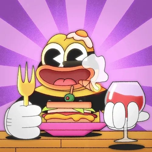 The image features a cartoon character, likely a frog or a bird, sitting at a dining table with a plate of food in front of them. The character appears to be eating a sandwich while holding a fork. There are also two glasses on the table - one containing wine and another filled with water. A caption below the image reads: "Grateful for @badbadwtf for leading me to the pond!".