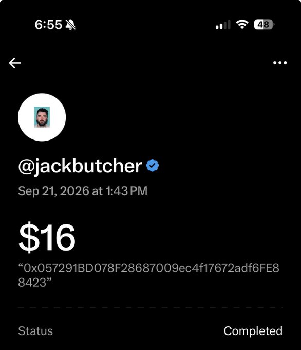 A mobile screenshot showing a payment confirmation of $16 from @jackbutcher dated Sep 21, 2026 at 1:43 PM, with status 'Completed' and a blockchain transaction hash.