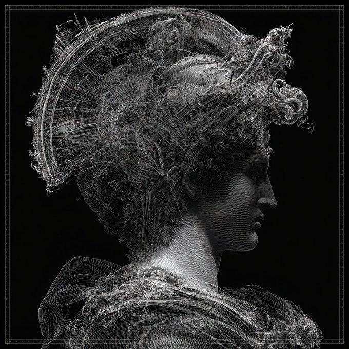 A black and white artistic portrait of a woman in profile wearing an elaborate ornate headdress, rendered in detailed white line work against a dark background.