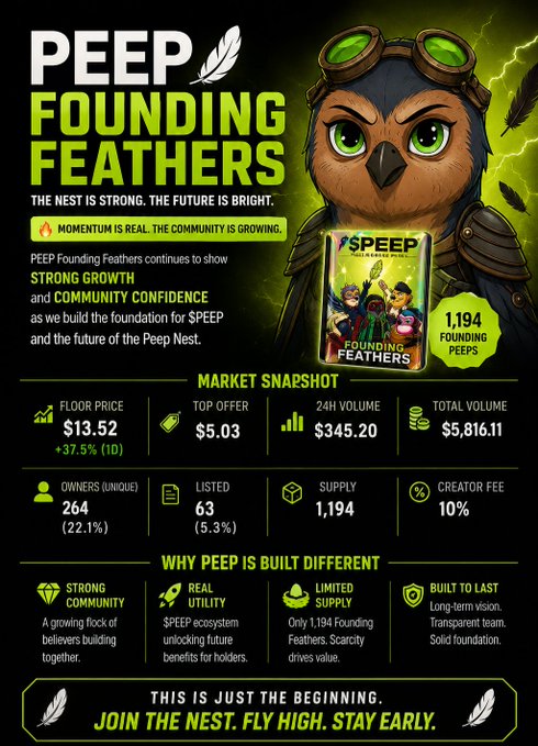 A promotional graphic for "PEEP FOUNDING FEATHERS" displays market statistics, including a floor price of $13.52, 24-hour volume of $345.20, and 264 unique owners.