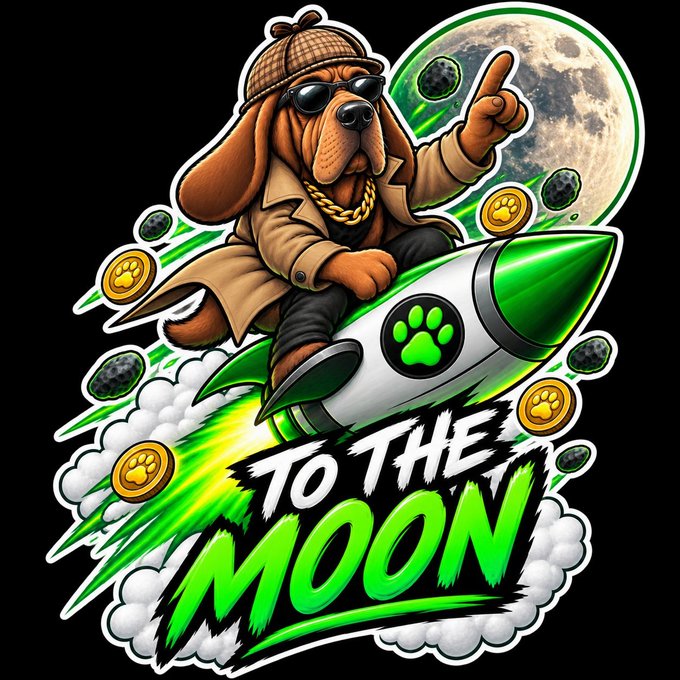 A cartoon-style graphic of a bloodhound detective wearing a detective hat and sunglasses, riding a green and white rocket toward the moon, with the text 'TO THE MOON' and floating gold paw-print coins.