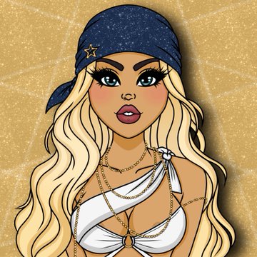A digital illustration/avatar of a stylized blonde woman wearing a navy bandana with a gold star, a white off-shoulder top with gold chain details, against a textured gold background.