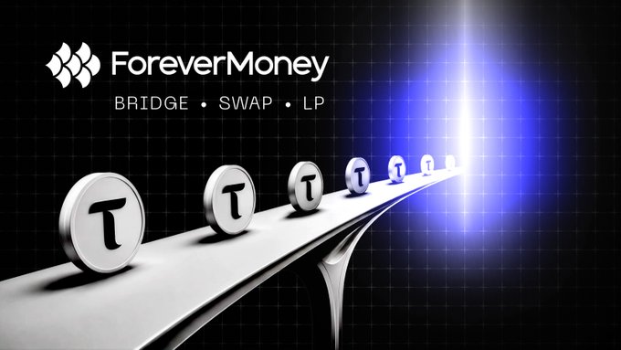 A promotional banner for 'ForeverMoney' featuring the services 'BRIDGE • SWAP • LP', showing coins marked with 'T' rolling along a bridge toward a glowing light.