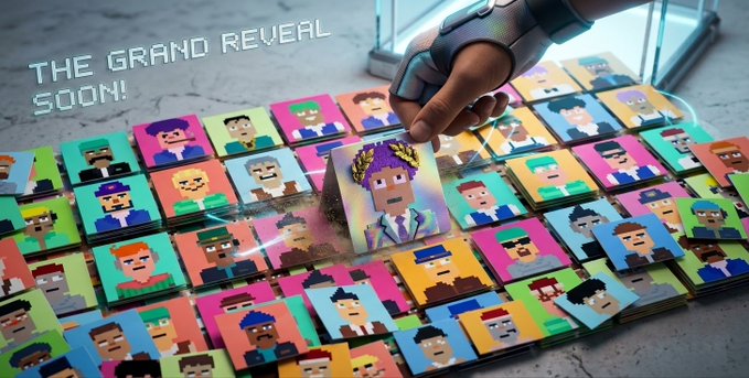 A robotic hand reaches down to select a pixel-art character card featuring a figure wearing a golden laurel wreath crown from a grid of similar colorful avatar cards, with the text "THE GRAND REVEAL SOON!" displayed on the wall, teasing the upcoming unveiling of the NFT collection on Magic Eden and Tensor scheduled for September 7 at 3:00 PM UTC.