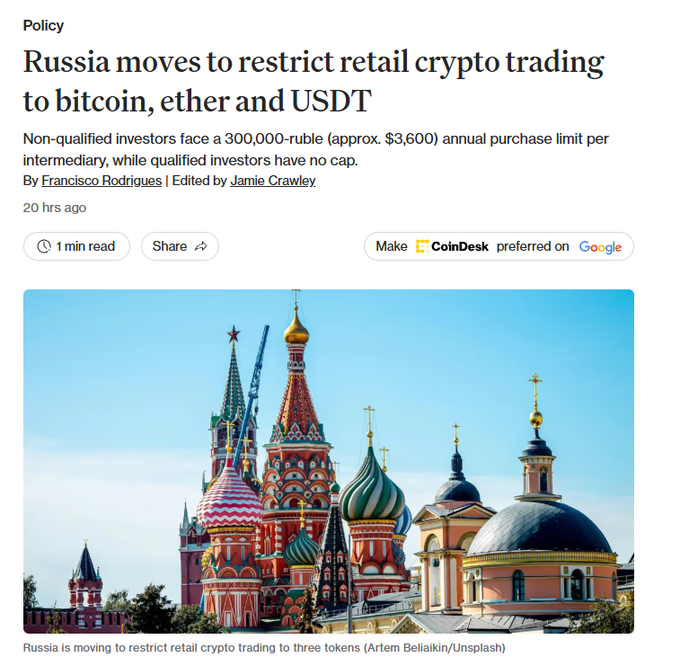 CoinDesk article titled 'Russia moves to restrict retail crypto trading to bitcoin, ether and USDT', featuring an image of Saint Basil's Cathedral in Moscow