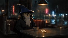 A small figure wearing a wizard hat and long white beard sits alone at a diner booth in a rainy, neon-lit nighttime cityscape.