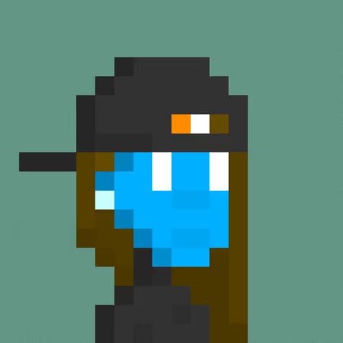 A pixel art image showing a blue and black character or robot face against a solid teal background.
