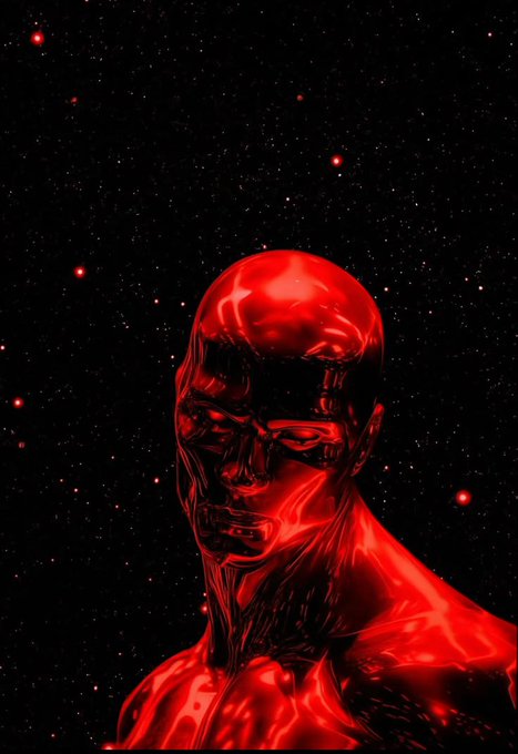 A digital artwork of a glossy, translucent red humanoid figure or bust rendered against a dark starry space background with scattered red glowing points.