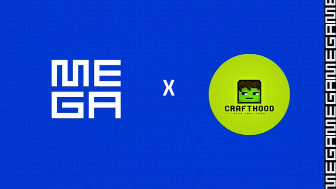 A promotional graphic with a blue background announcing a collaboration between MEGA and Craftwood, featuring the Minecraft-style Craftwood logo.