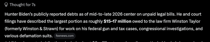 A dark search/AI result snippet with a 'Thought for 7s' indicator discusses Hunter Biden's reported debts as of mid-to-late 2026, mentioning $15-17 million owed to the law firm Winston Taylor.