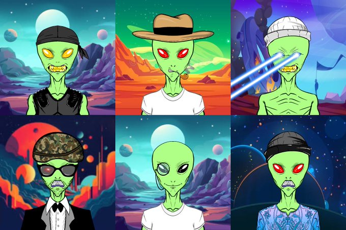 A 2×3 collage shows six green alien “Robin” characters in varied outfits, including headbands, hats, sunglasses, and a suit. The image promotes the accompanying post announcing “Robin Aliens are Live on Robinhood,” with “Price: Free mint,” “Supply: 999,” and “robinaliens.xyz.”