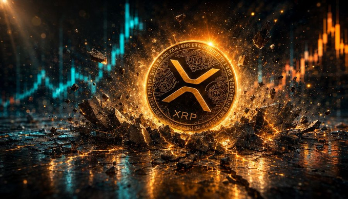 A golden XRP coin explodes from the ground, set against a backdrop of a cryptocurrency stock chart. This imagery visually represents the potential for significant financial growth and disruption associated with XRP, aligning with the post's comparison of investment opportunities.