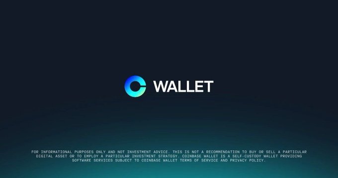 A dark screen displaying the 'C' logo and 'WALLET' text for Coinbase Wallet, accompanied by a disclaimer about informational purposes only.