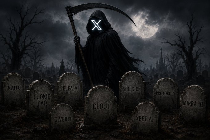The image features a spooky graveyard scene with multiple headstones, including one that has been altered by adding a mask of a scaring figure wearing a black cape and holding a scythe. The mask is made out of a large skull and crossbones symbol. In addition to the altered headstone, there are other headstones in the background, each with its own unique design or decoration. The image also includes text that reads "X ĐâM Info fi quá đau Đứa thì sắp hẹo, đứa thì hẹo hẳn RIP INFOFI - Kaito - OriginTrail - Wallchain ơƠơơơơơơơơơơơơơơơơơơơơơơơơơơơơơơơ