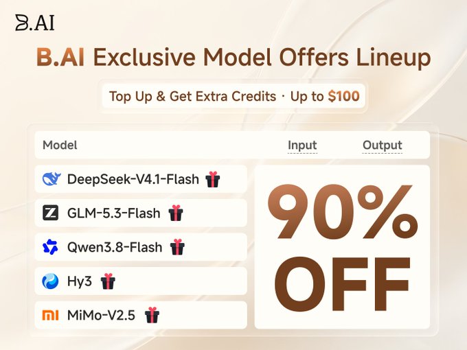 An advertisement for B.AI displaying an 'Exclusive Model Offers Lineup' featuring DeepSeek-V4.1-Flash, GLM-5.3-Flash, Qwen3.8-Flash, Hy3, and MiMo-V2.5 models, offering '90% OFF' and 'Up to $100' in extra credits.