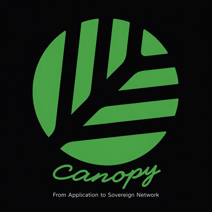 A green and black logo for 'Canopy' with the tagline 'From Application to Sovereign Network' beneath a circular emblem resembling stylized leaves.