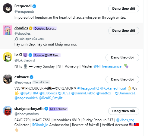 A screenshot of several verified crypto‑NFT influencers’ X profiles—Erequendi, doodles, LoKi, esdwace, and shadymarkny.eth—each showing a “Dang theo dôi” (Follow) button and bio details such as “NFTs • Every Sunday | NFT Advisory | Master @NFTreanaissance_” and “BAYC 779 | MAYC 7661 | Moonbirds 6819 | Pudgy Penguin 317.” The list spotlights key accounts to follow for the upcoming Hood by Hood Robinhood launch and whitelist opportunity.