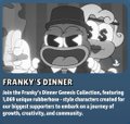 An article header titled 'FRANKY'S DINNER' featuring cartoon figures discussing a dinner on Founders' Street Genesis Collection, noting that $300 million has been added to their Genesis wallet to support growth, creativity, and community.