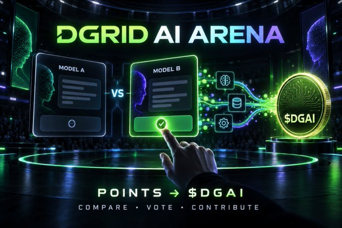 Digital arena-themed graphic showing 'DGRID AI ARENA' with 'MODEL A vs MODEL B' comparison cards, '$DGAI' token coin, and 'POINTS → $DGAI - COMPARE • VOTE • CONTRIBUTE' text.