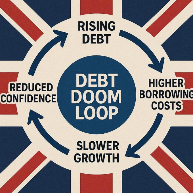 An infographic titled 'DEBT DOOM LOOP' set against a Union Jack background, illustrating a cycle of rising debt, higher borrowing costs, slower growth, and reduced confidence.