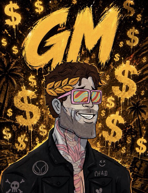 A stylized illustration features a bearded figure wearing a golden laurel wreath, rainbow-lensed sunglasses, and a leather jacket labeled "CHAD," set against a backdrop of dripping dollar signs and palm trees with the bold yellow letters "GM" above. The artwork directly reinforces the post's "GM" (good morning) Friday greeting, evoking a triumphant, wealthy "king of crypto" vibe to hype the promised gift drop.