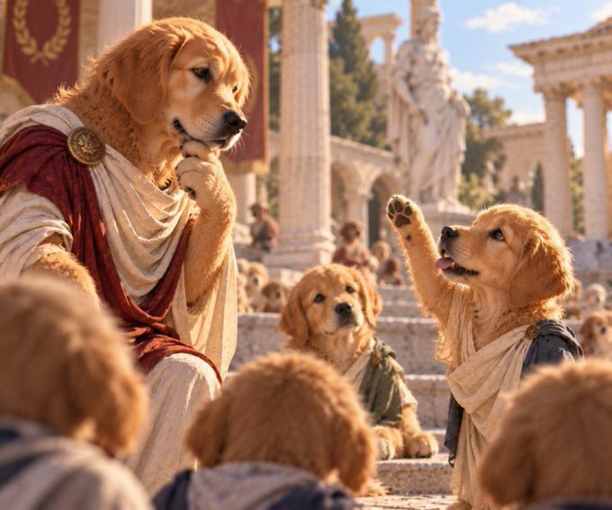 A whimsical scene depicting golden retrievers dressed as ancient Greek philosophers or gods, with one dog raising its paw as if to ask a question in a classical columned setting.
