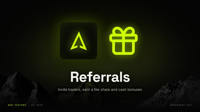Promotional graphic for a 'Referrals' program featuring neon green app and gift box icons, with text reading 'NEW FEATURE - PR #240' and 'DRUGAGENT.XYZ' on a dark mountain background.