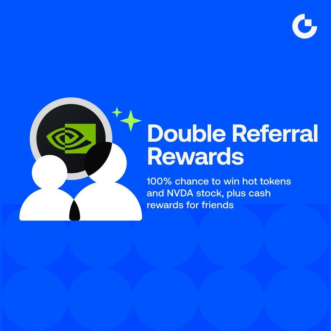 The image promotes a "Double Referral Rewards" campaign, featuring two user icons with a green dollar bill graphic, advertising a 100% chance to win hot tokens and NVDA stock, plus cash rewards for friends who complete futures trading of 500 USDT or more.