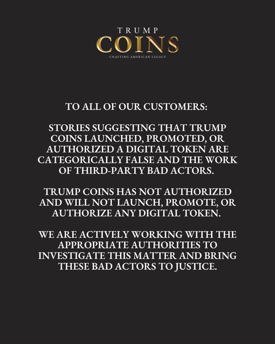 The image is an official statement from Trump Coins with the tagline "Crafting American Legacy," denying any involvement in launching, promoting, or authorizing a digital token and claiming third-party bad actors are responsible, while announcing they are working with authorities to investigate. The accompanying post criticizes the statement as hypocritical, accusing the company of launching a token, executing a rug pull, and then playing the victim, expressing sympathy for those who lost money.