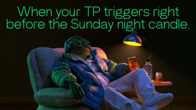 A relaxed Pepe the Frog figure lounges in a chair wearing headphones, with a drink and lamp beside him. The image's text reads, "When your TP triggers right before the Sunday night candle." The post's caption connects to the scene by depicting the satisfaction of closing out the trading week with a successful take-profit, leaving the trader to unwind and recharge for the upcoming week.