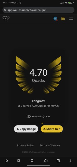The image shows a phone screen displaying an app called "Wallchain" with a gold logo and a score of 4.7 Quacks. The text on the screen reads, "Good afternoon CT. Just a small step today, but consistency always compounds. Earned 4.70 Quacks on @wallchain today. Not chasing hype, just staying active, learning, and contributing every day." This message is related to the app being used by the person who owns it or is using their phone. The image also contains some text that reads "Copy image" and "2 Share to X".