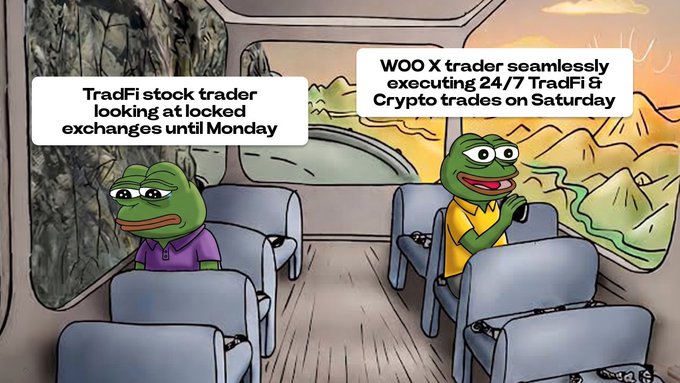 A meme using the 'Happy bus' template contrasts two frog characters: a sad one labeled 'TradFi stock trader looking at locked exchanges until Monday' and a happy one labeled 'WOO X trader seamlessly executing 24/7 TradFi & Crypto trades on Saturday.'