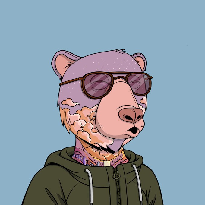 A digital illustration of a bear-like character wearing round sunglasses and a green hoodie against a blue background.