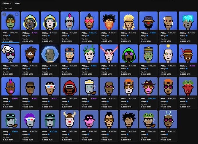 A screenshot of a digital marketplace or collection page displaying numerous pixel-art character avatars with various attributes, prices in ETH, and 'Top offer' information beneath each one.