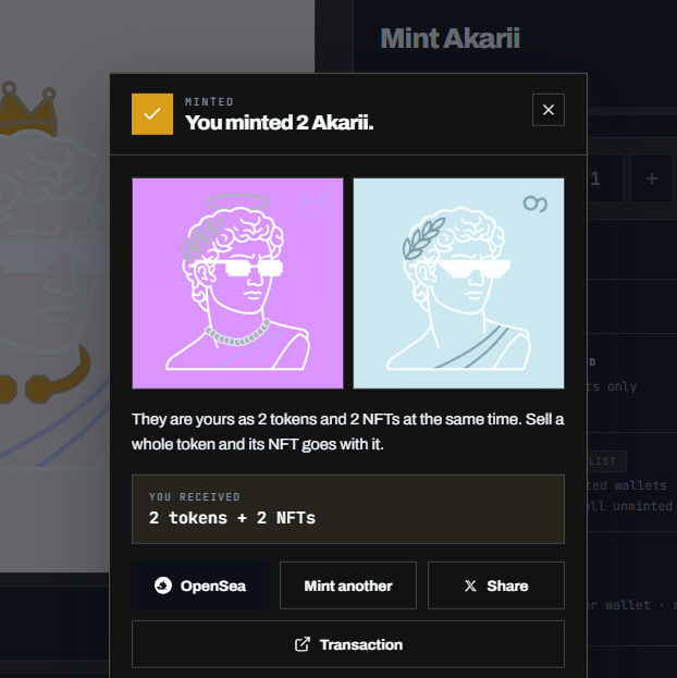 A 'Mint Akarii' confirmation screen showing 'You minted 2 Akarii' as 2 tokens and 2 NFTs, with buttons for OpenSea, Mint another, Share, and Transaction.