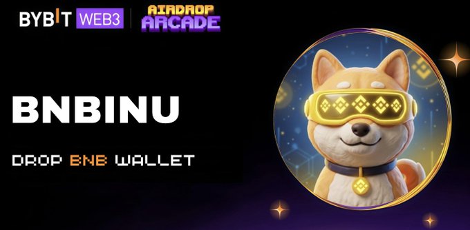 The image is a promotional banner for a $BNBINU token airdrop on the Bybit Web3 Airdrop Arcade, featuring a Shiba Inu character wearing pixelated digital sunglasses. The text on the left reads "BNBINU" and "DROP BNB WALLET," with the call-to-action seeking 555 BNB addresses to receive 140,000 $BNBINU tokens per wallet, directly tied to the airdrop instructions in the post.