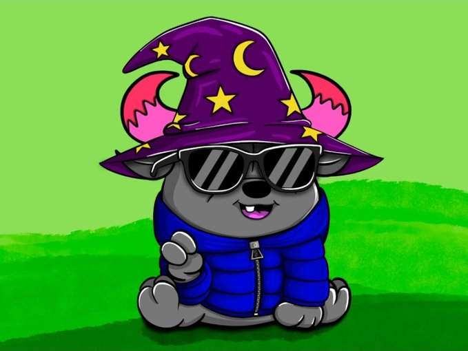 A cartoon gray cat-like character wearing a purple wizard hat with moons and stars, sunglasses, and a blue puffer jacket gives a thumbs up against a green background.